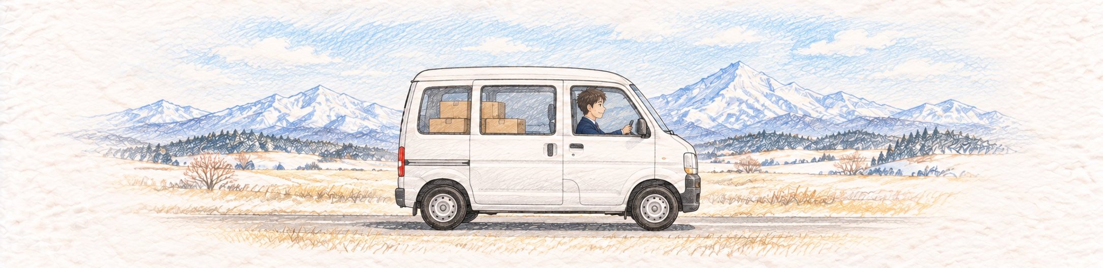 雪山の見える北海道の道を、ダンボールを積んだ営業車で走る担当者の色鉛筆画